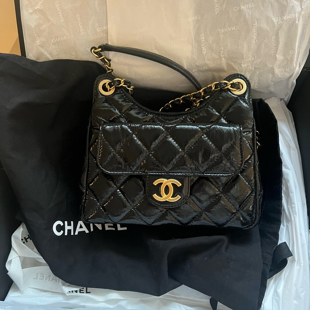 Authentic Chanel Shiny Crumpled Calfskin Quilted Small Wavy CC Hobo Black